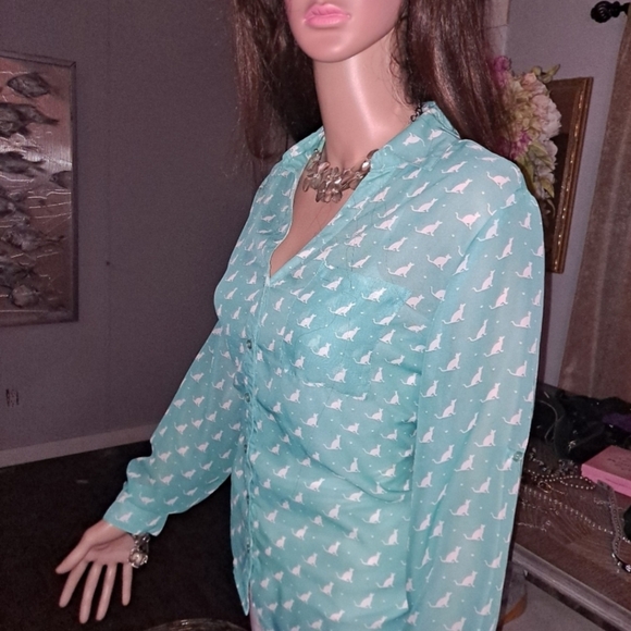 White Cat 🐱 Print Teal Blouse - Picture 7 of 7